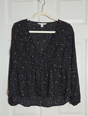 POPSUGAR Black Long-Sleeve V-Neck Bandoll Blouse Multicolor Heart Size Small